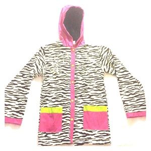 A girls zebra print rain jacket